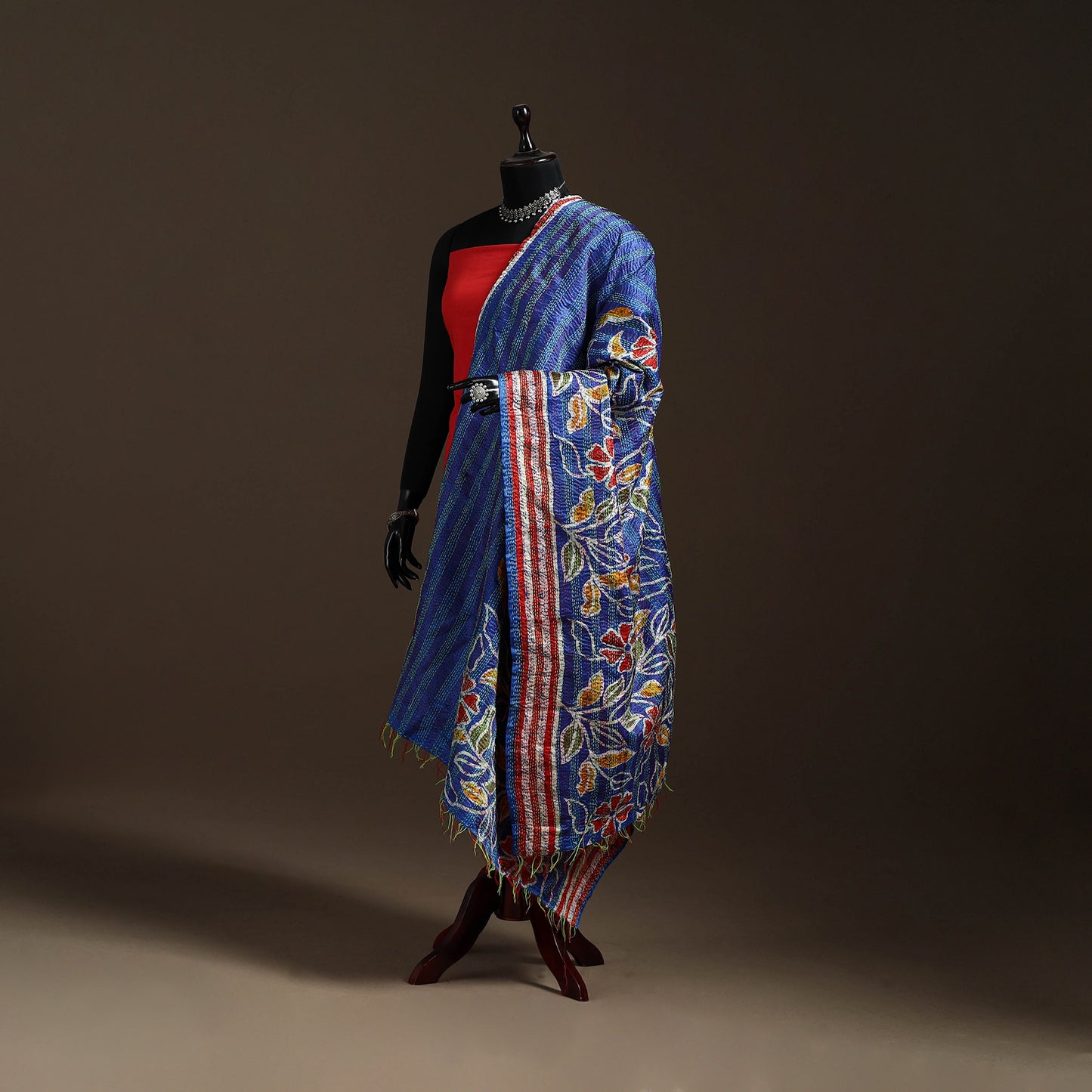 Multicolor - Bengal Hand Embroidery Patchwork Reversible Silk Kantha Dupatta 38