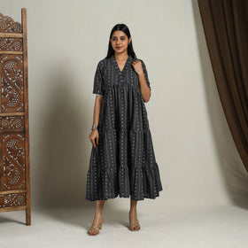 Tiered Fit & Flare Cotton Grey Jacquard Dress 