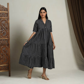  Tiered Fit & Flare Cotton Grey Jacquard Dress 