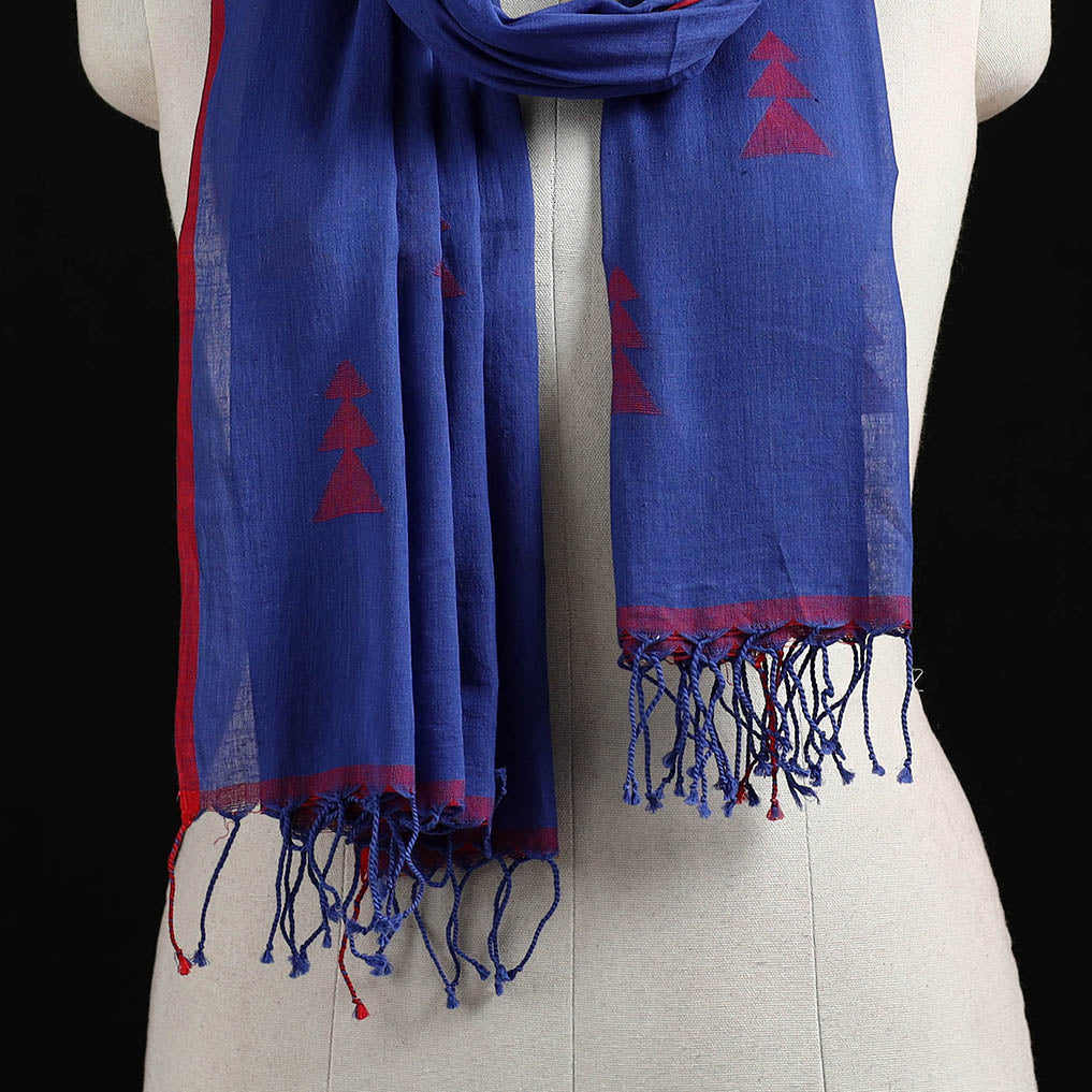 Blue - Burdwan Jamdani Handloom Cotton Stole with Tassels 23