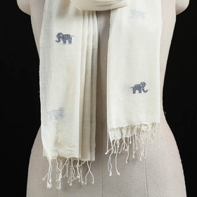 White - Burdwan Jamdani Handloom Cotton Stole with Tassels 24