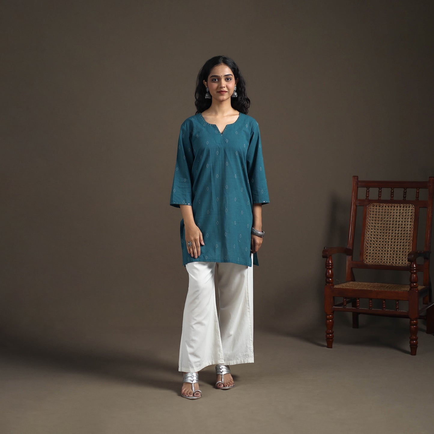 Sequin Work Jacquard Cotton Short Kurta for Women 22