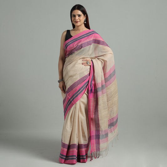 Beige - Bengal Ghicha Border Handloom Pure Cotton Saree 34