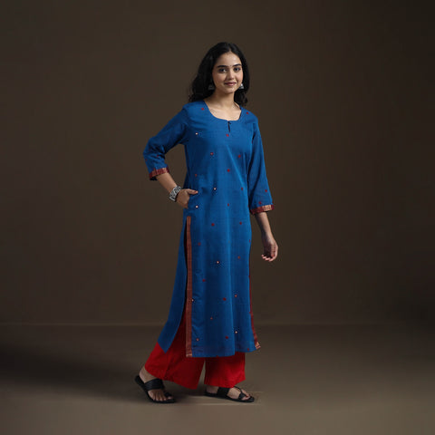 Blue - Mangalagiri Pure Handwoven Cotton Mirror Work Straight Kurta for women 07