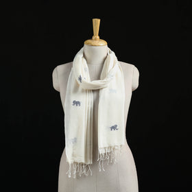 White - Burdwan Jamdani Handloom Cotton Stole with Tassels 24
