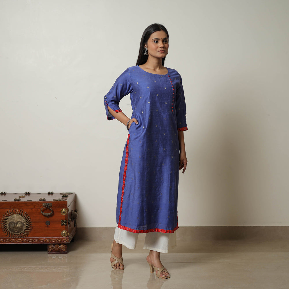 Blue - Polka Zari Butta Spun Dupion Silk Straight Plain Kurta 01