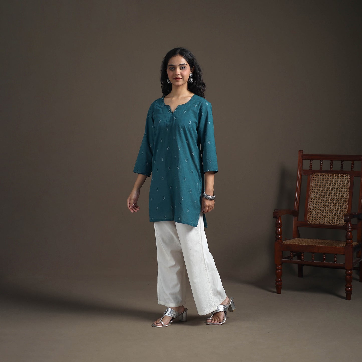 Sequin Work Jacquard Cotton Short Kurta for Women 22