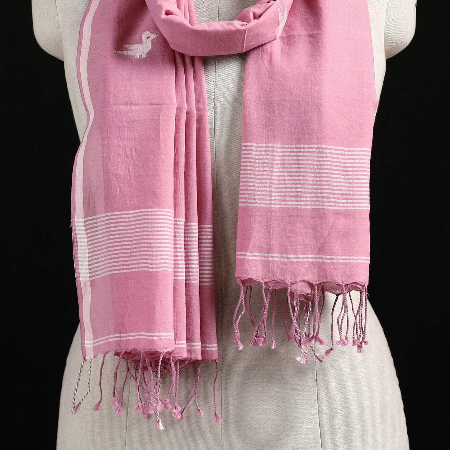 Pink - Burdwan Jamdani Handloom Cotton Stole with Tassels 26