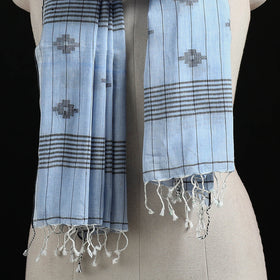 Blue - Burdwan Jamdani Handloom Cotton Stole with Tassels 27