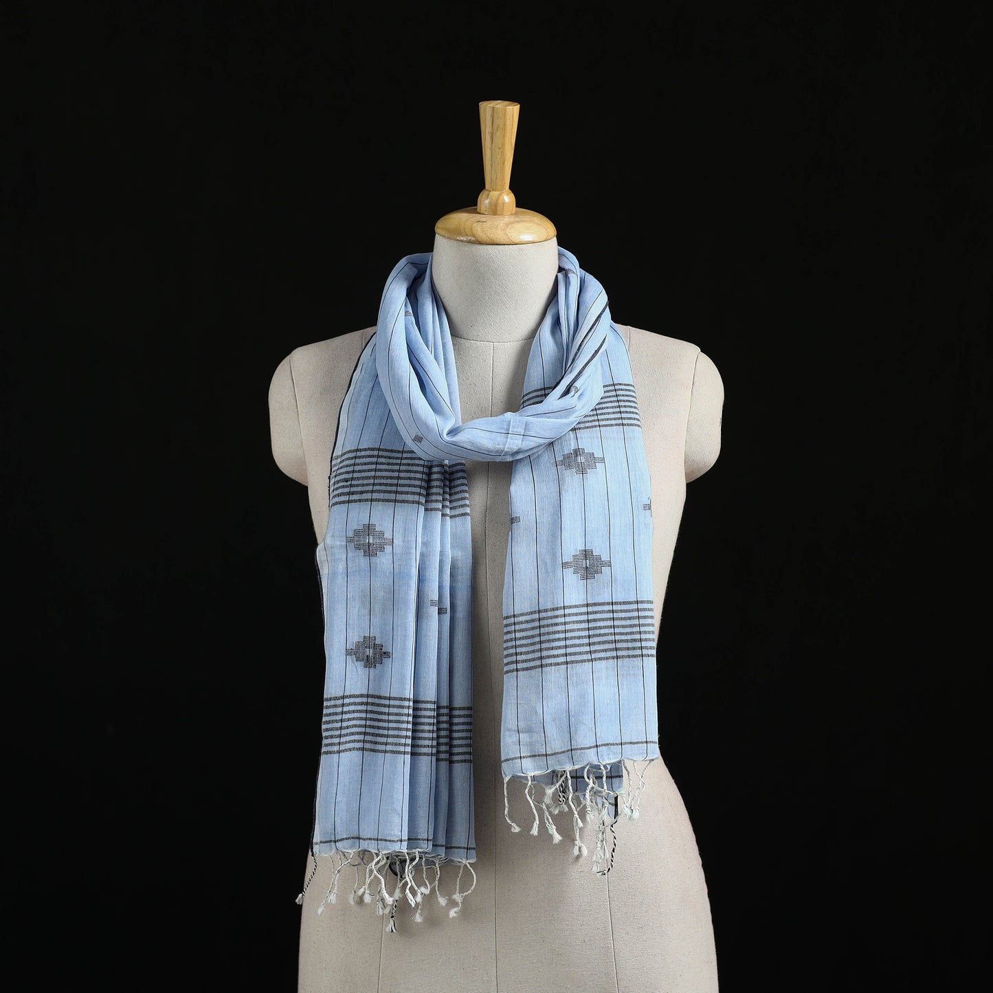 Blue - Burdwan Jamdani Handloom Cotton Stole with Tassels 27
