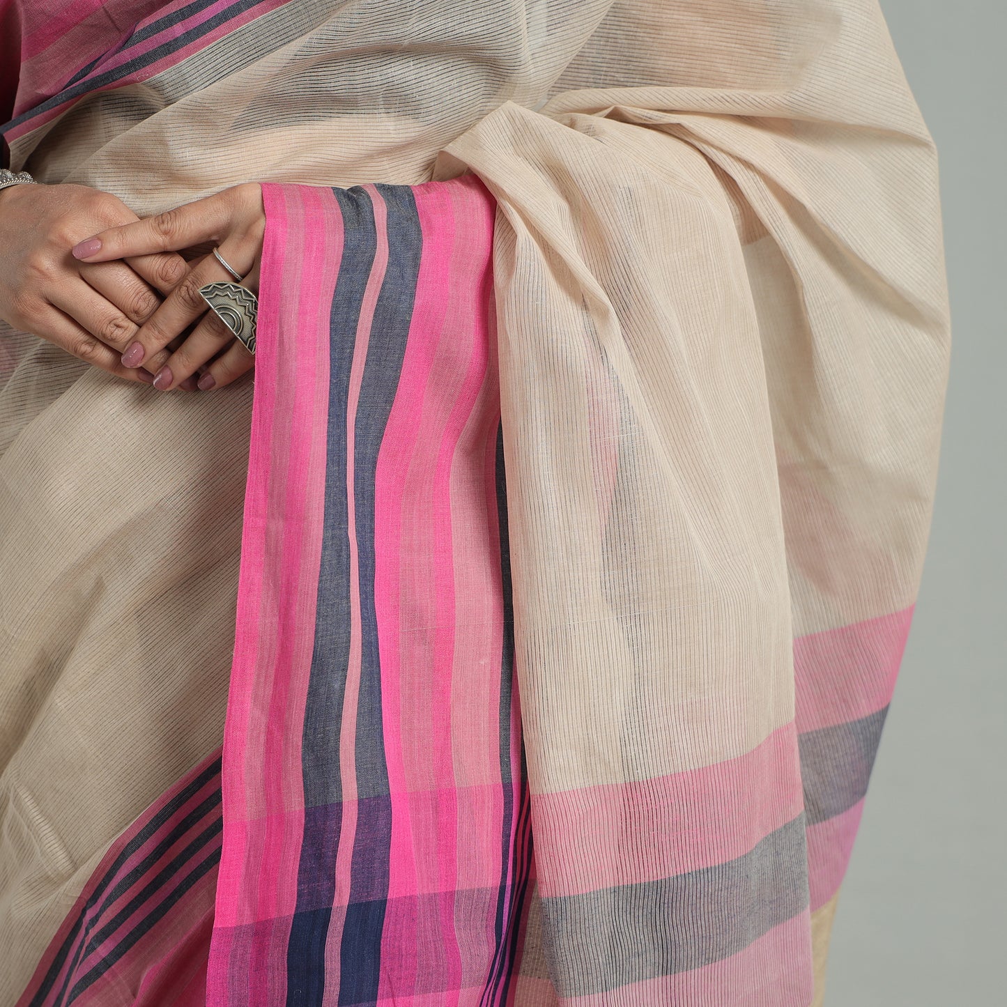 Beige - Bengal Ghicha Border Handloom Pure Cotton Saree 34