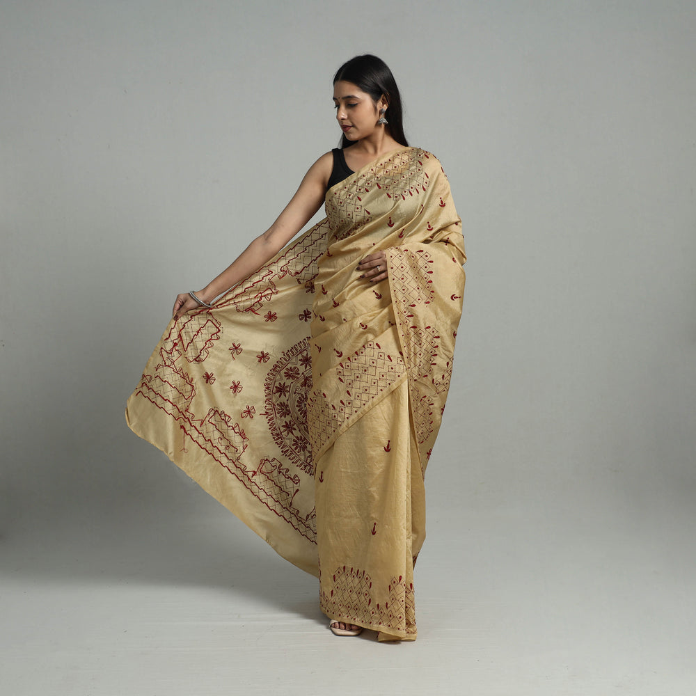 Beige - Handcrafted Bengal Nakshi Kantha Work Silk Saree 28