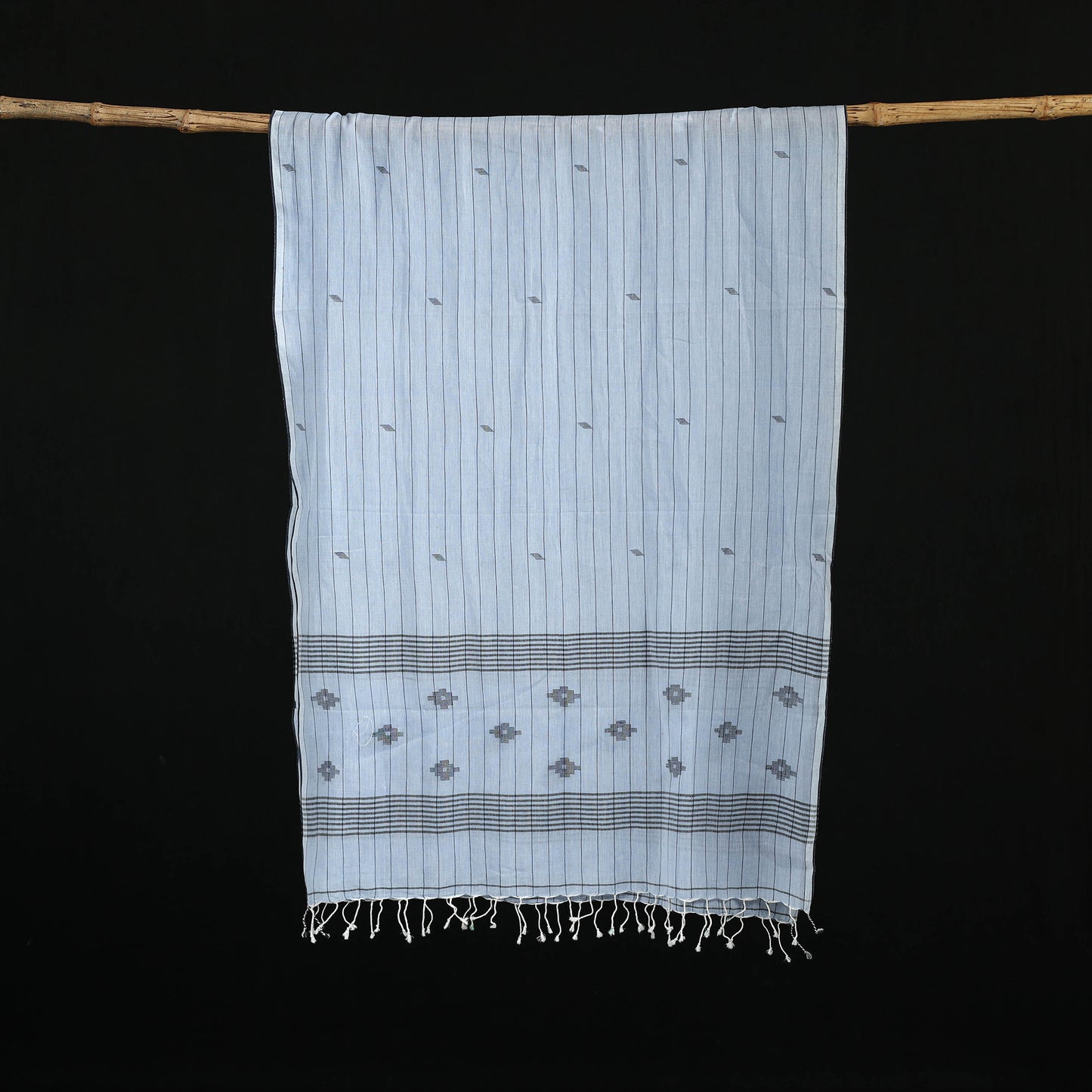 Blue - Burdwan Jamdani Handloom Cotton Stole with Tassels 27