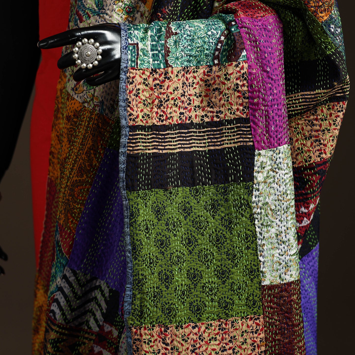 Bengal Hand Embroidery Patchwork Reversible Silk Kantha Dupatta 40