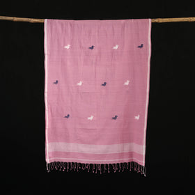 Pink - Burdwan Jamdani Handloom Cotton Stole with Tassels 26