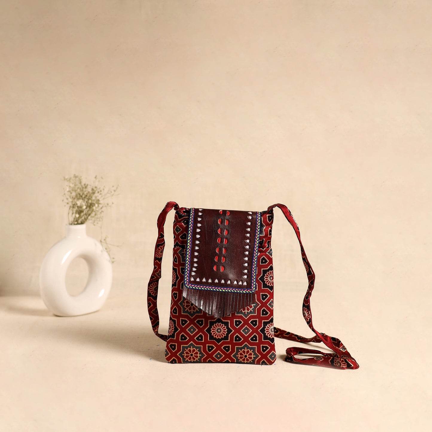 Traditional Kutch Mashru Silk Leather Flap Sling Bag 58