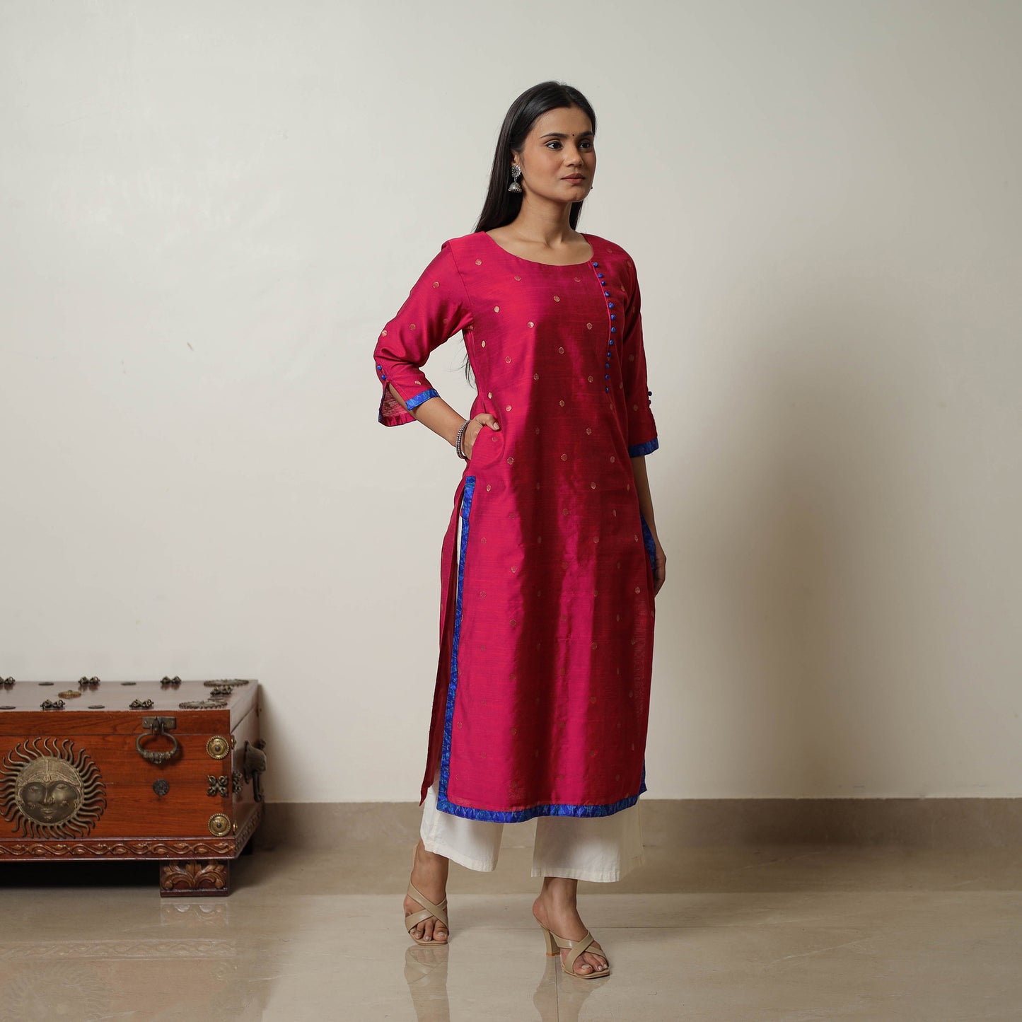 Pink - Polka Zari Butta Spun Dupion Silk Straight Plain Kurta 02