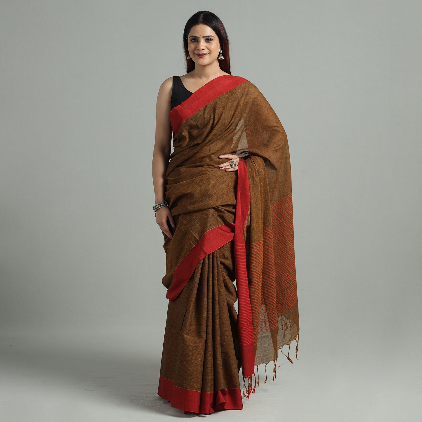 Brown - Bengal Woven Border Handloom Pure Cotton Saree 35
