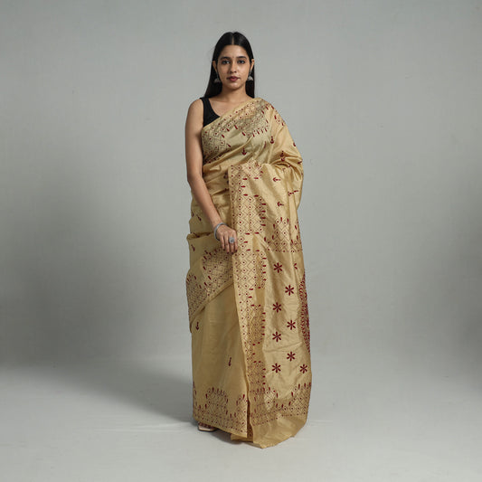 Beige - Handcrafted Bengal Nakshi Kantha Work Silk Saree 51