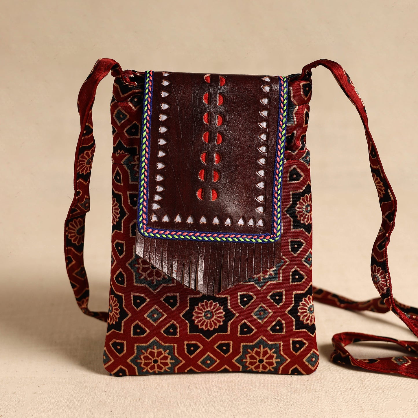 Traditional Kutch Mashru Silk Leather Flap Sling Bag 58