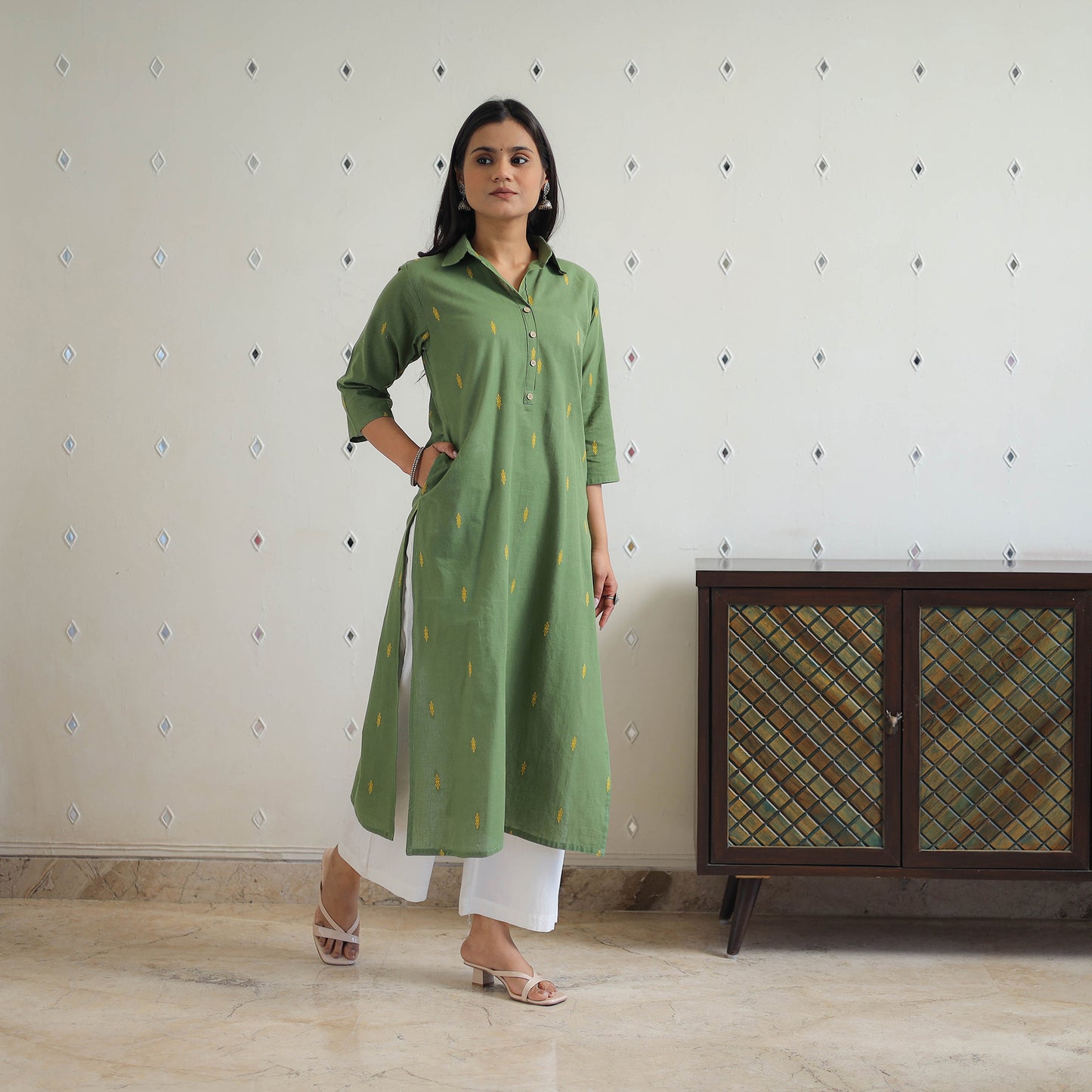 Green - Cotton Straight Jacquard Kurta 13