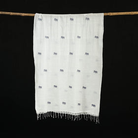 White - Burdwan Jamdani Handloom Cotton Stole with Tassels 24