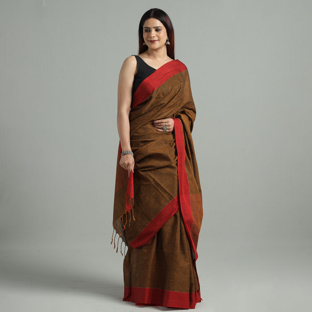 Brown - Bengal Woven Border Handloom Pure Cotton Saree 35