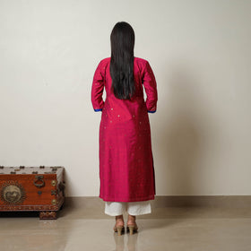 Pink - Polka Zari Butta Spun Dupion Silk Straight Plain Kurta 02
