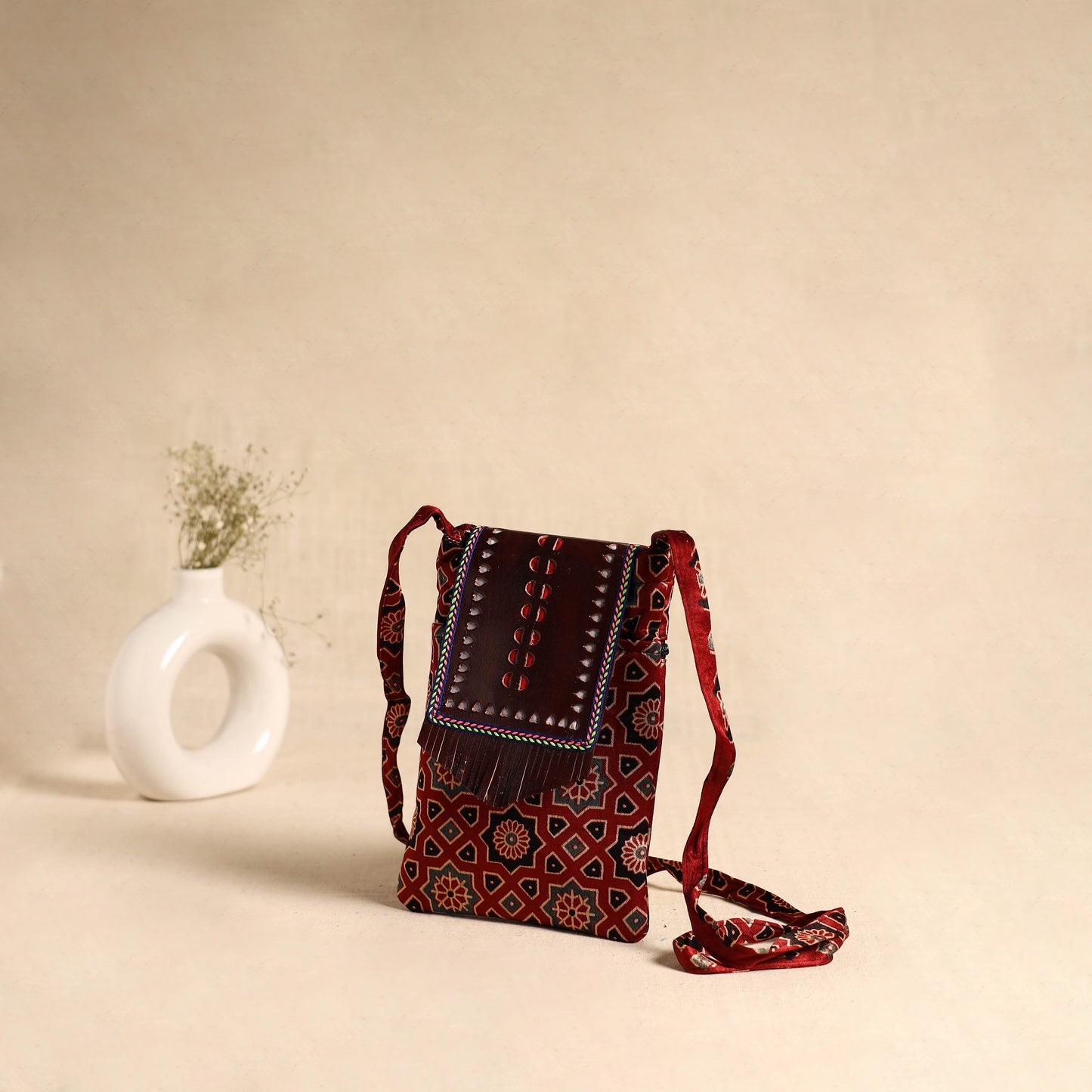 Traditional Kutch Mashru Silk Leather Flap Sling Bag 58