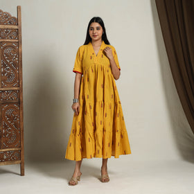  Tiered Fit & Flare Cotton Yellow Jacquard Dress 