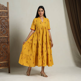  Tiered Fit & Flare Cotton Yellow Jacquard Dress 