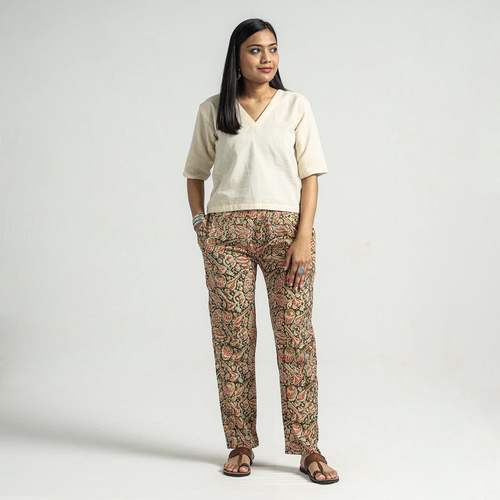 Green - Kalamkari Block Printed Cotton Elasticated Pant