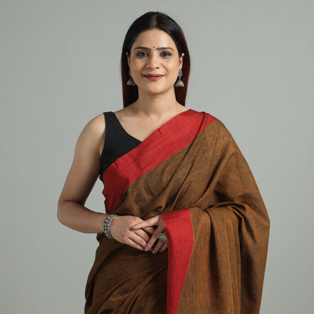 Brown - Bengal Woven Border Handloom Pure Cotton Saree 35