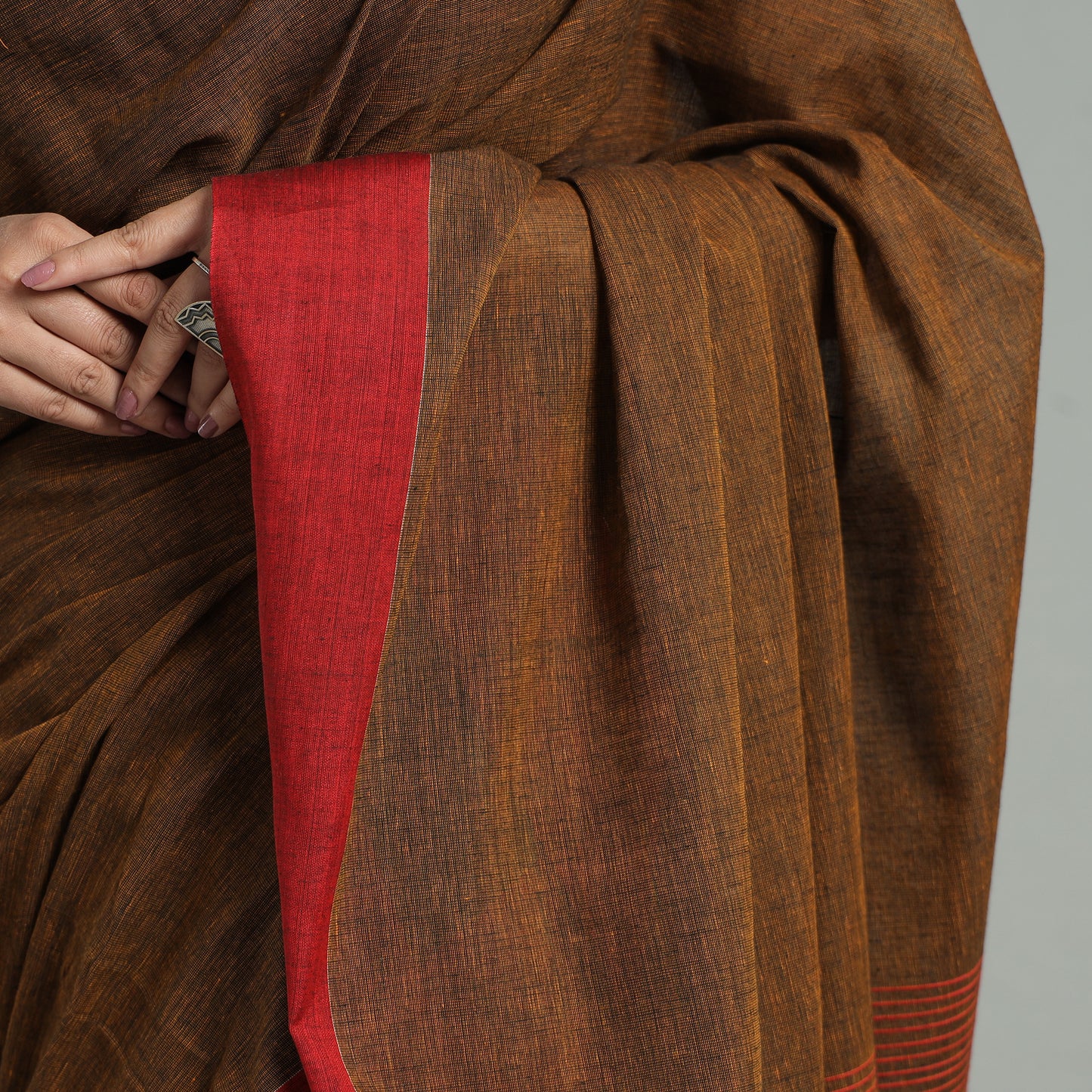 Brown - Bengal Woven Border Handloom Pure Cotton Saree 35