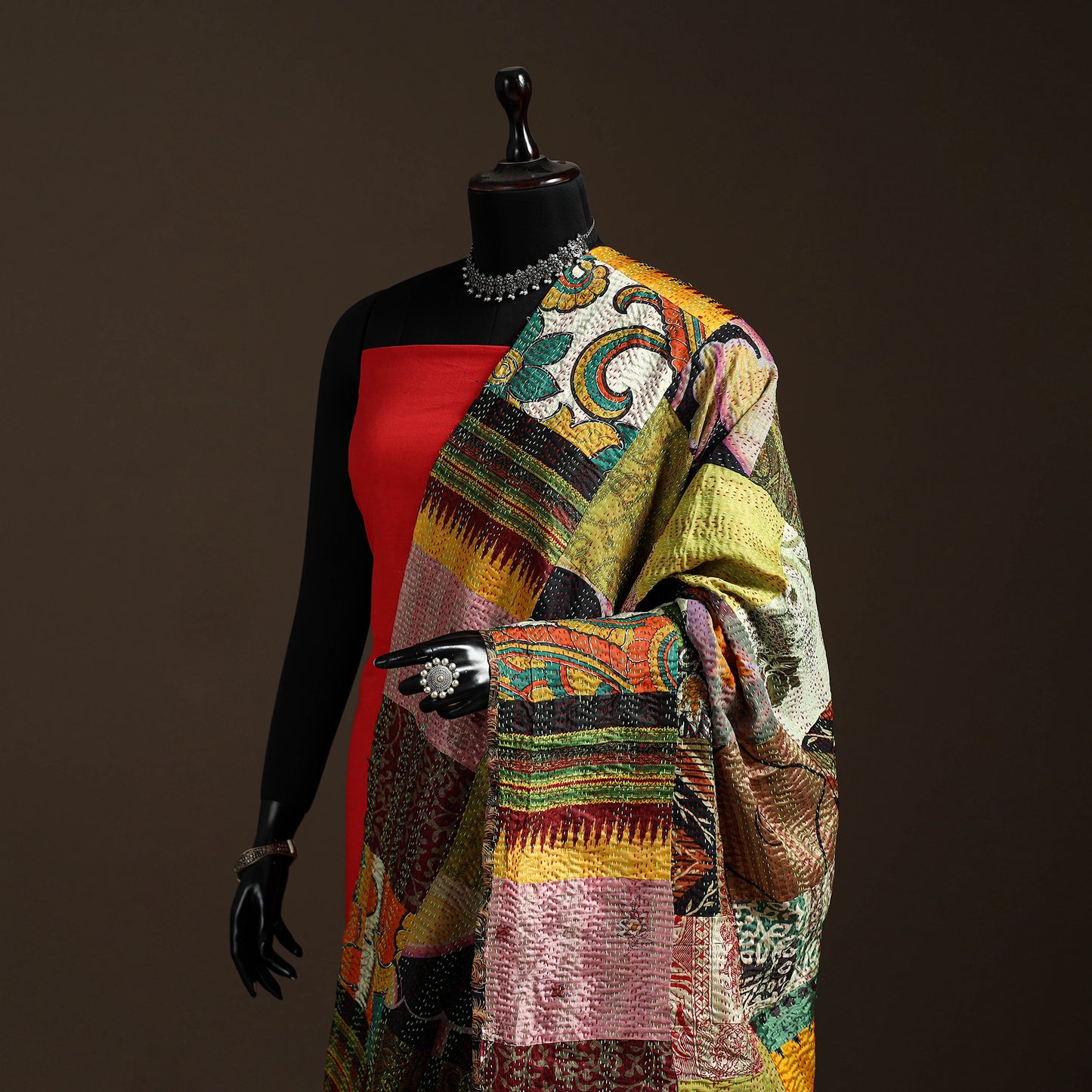 Bengal Hand Embroidery Patchwork Reversible Silk Kantha Dupatta 41