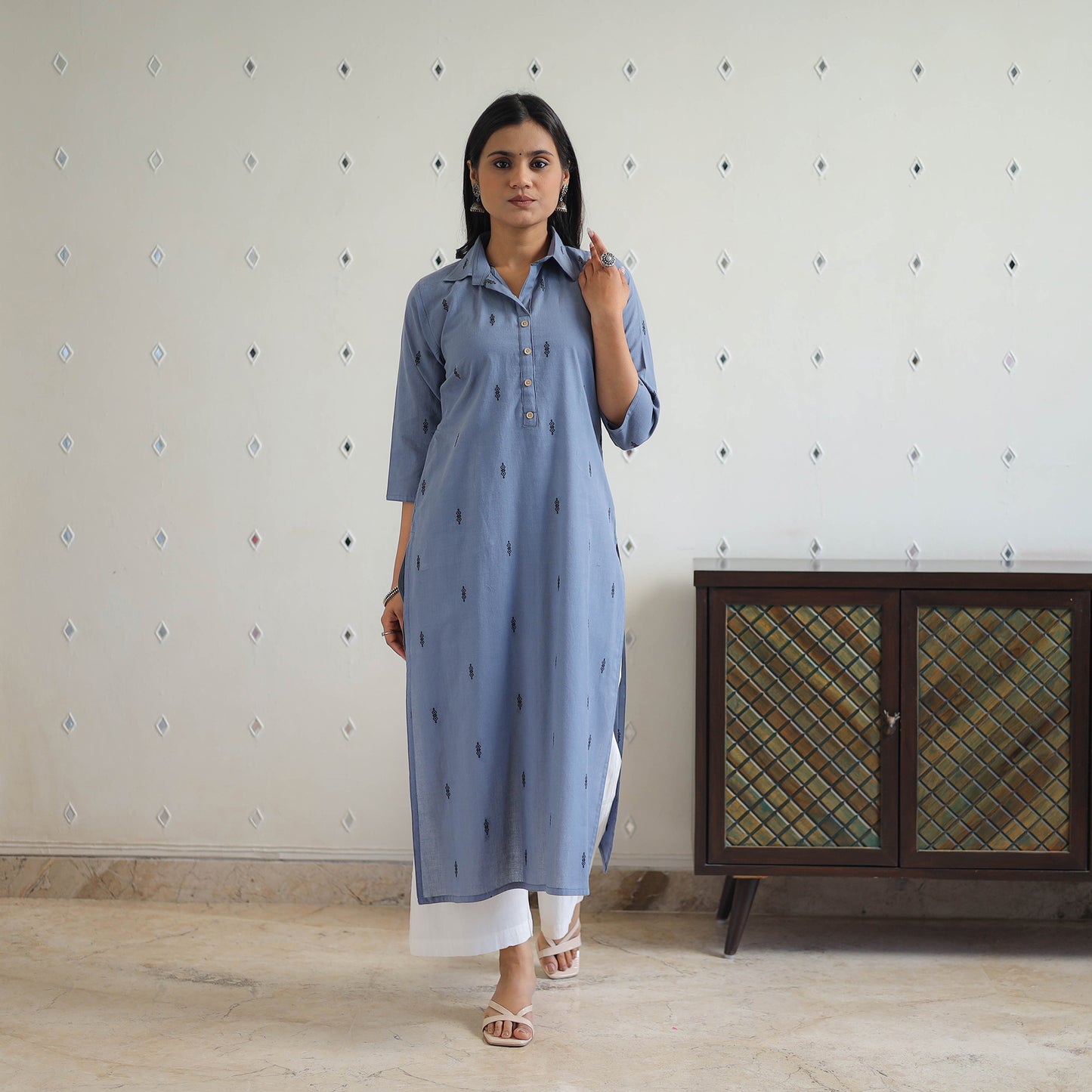 Blue - Pure Cotton Straight Jacquard Kurta 12