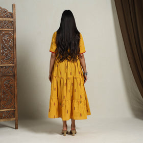  Tiered Fit & Flare Cotton Yellow Jacquard Dress 