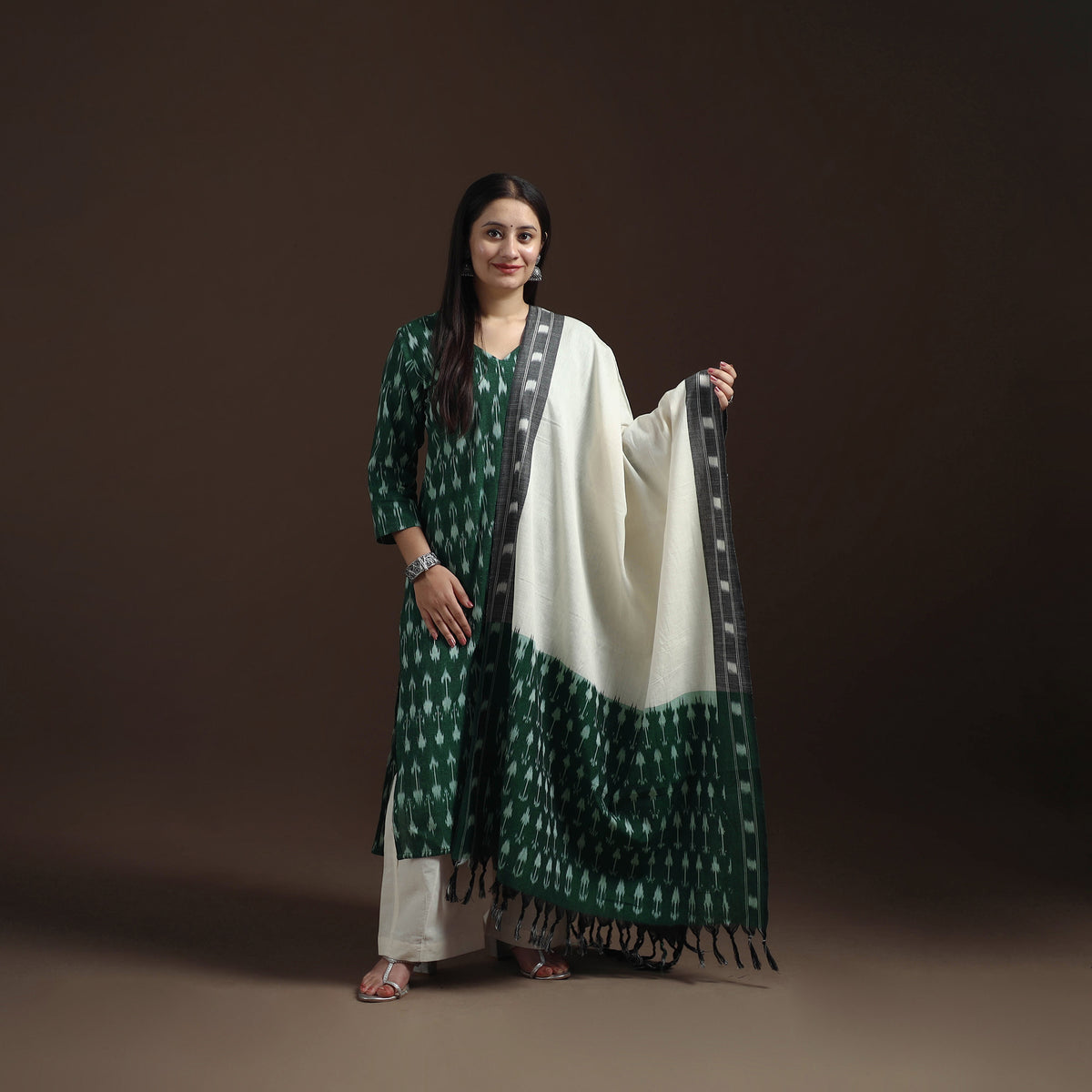 Pochampally Ikat Cotton Long Kurta with Palazzo & Dupatta Suit Set for Women 11