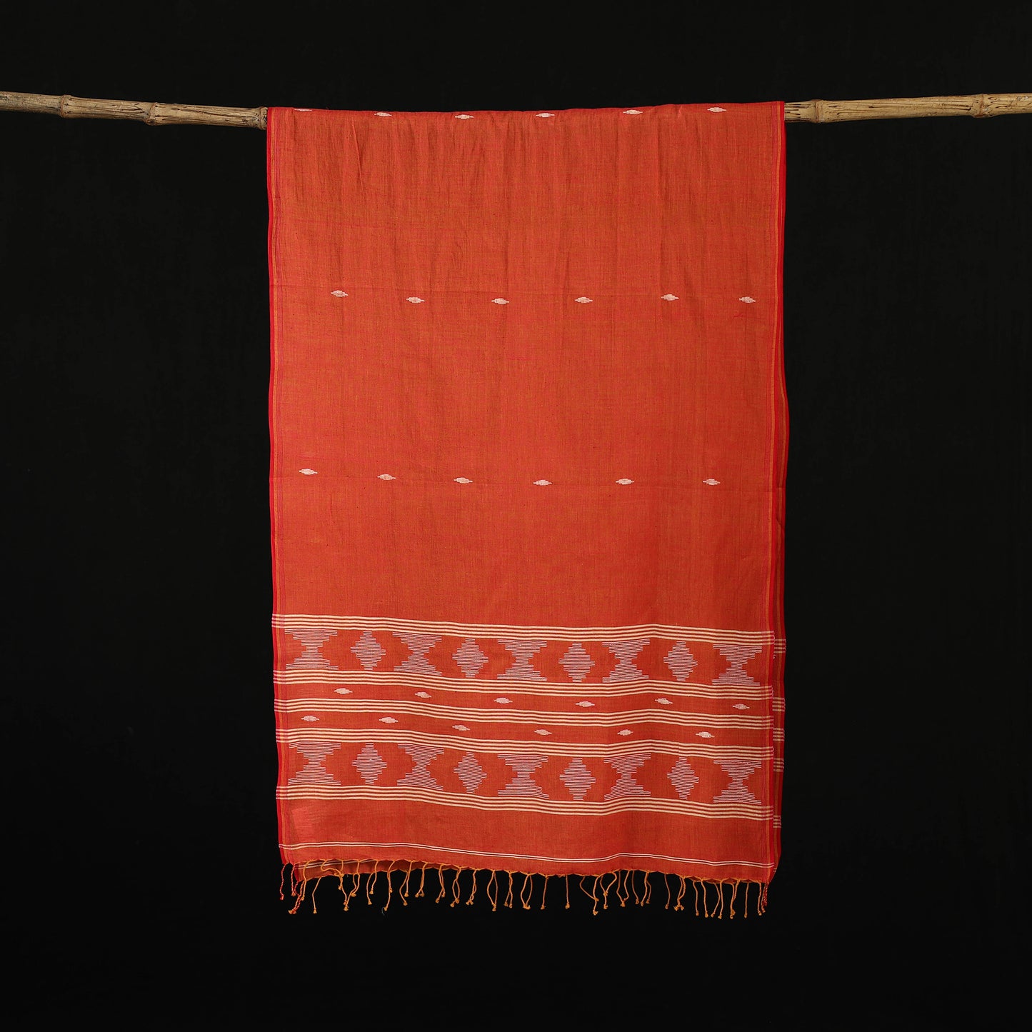 Red - Burdwan Jamdani Handloom Cotton Stole with Tassels 20
