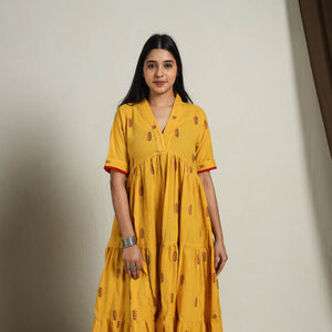 Yellow - Tiered Fit & Flare Cotton Jacquard Dress 06