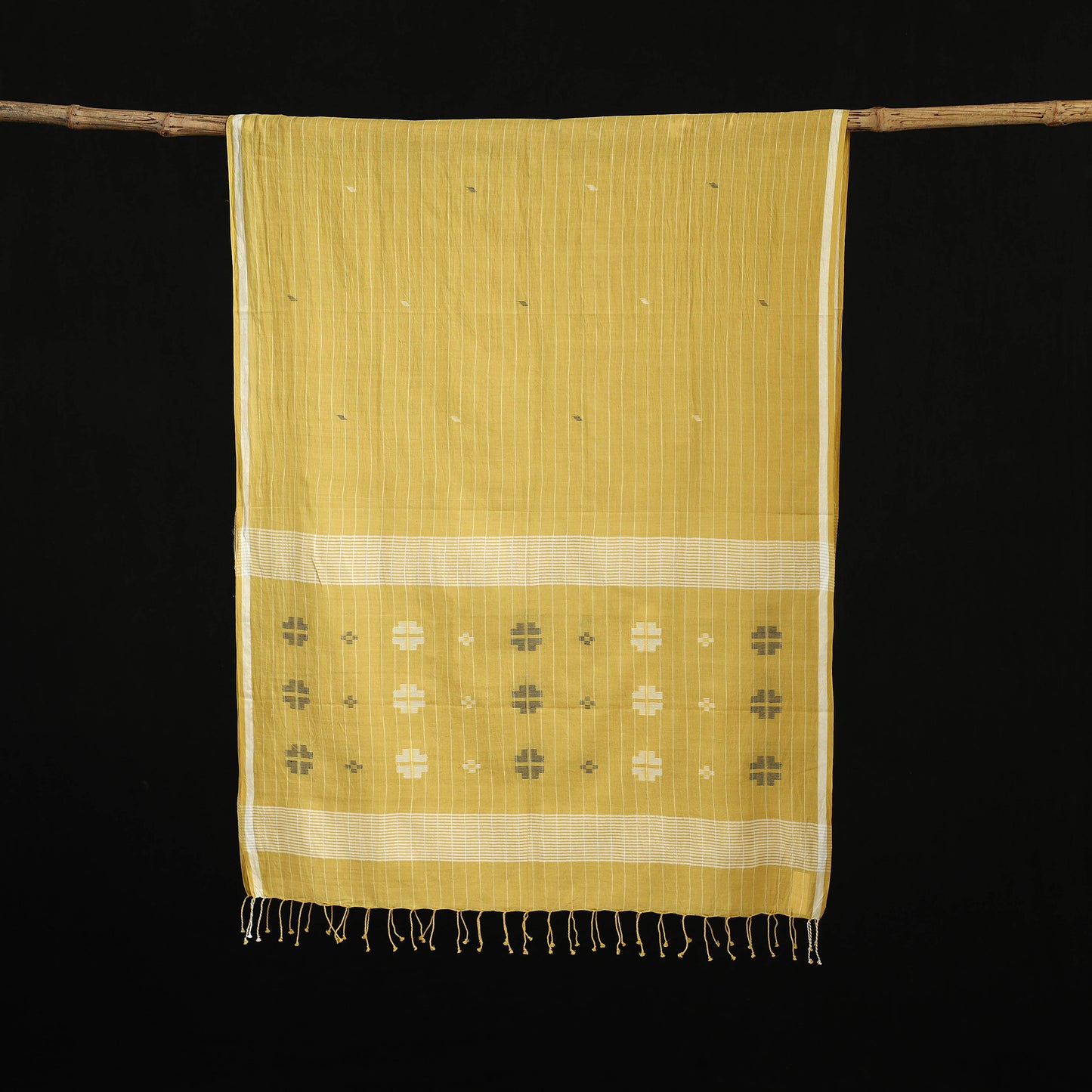 Yellow - Burdwan Jamdani Handloom Cotton Stole with Tassels 19