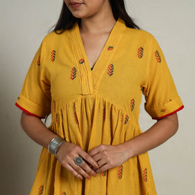  Tiered Fit & Flare Cotton Yellow Jacquard Dress 