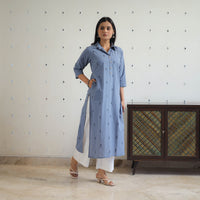 Blue - Pure Cotton Straight Jacquard Kurta 12