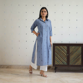 Buy Blue Pure Cotton Straight Jacquard Kurta Online in India