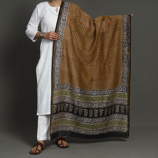 Brown - Bagru Block Printed Chanderi Silk Handloom Dupatta with Zari Border