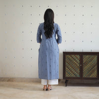 Blue - Pure Cotton Straight Jacquard Kurta 12