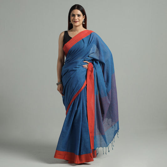 Blue - Bengal Woven Border Handloom Pure Cotton Saree 36