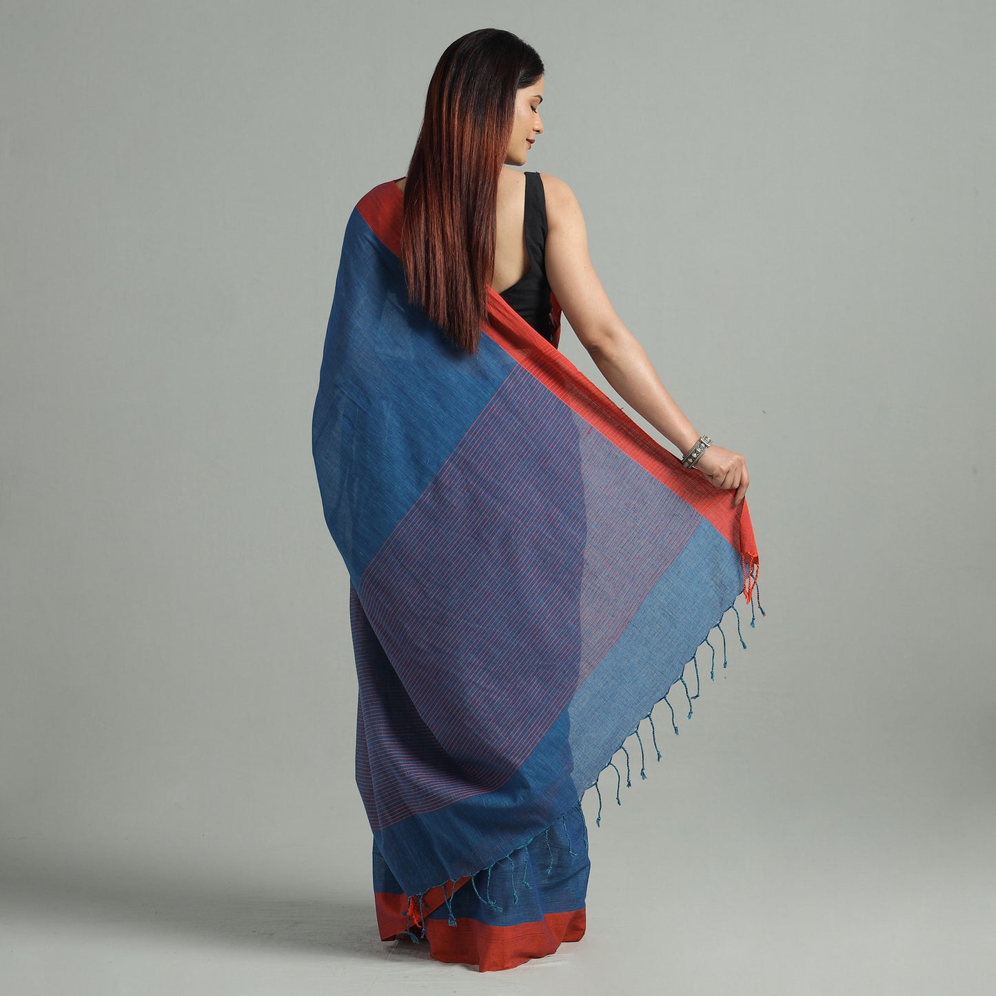 Blue - Bengal Woven Border Handloom Pure Cotton Saree 36