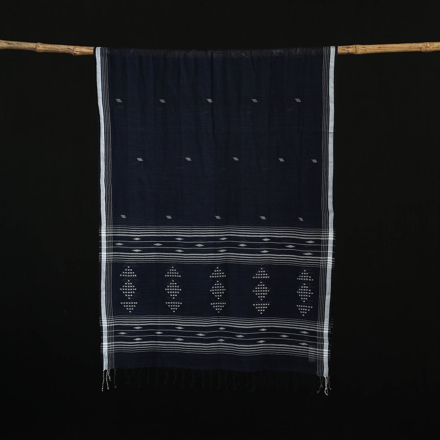 Blue - Burdwan Jamdani Handloom Cotton Stole with Tassels 16