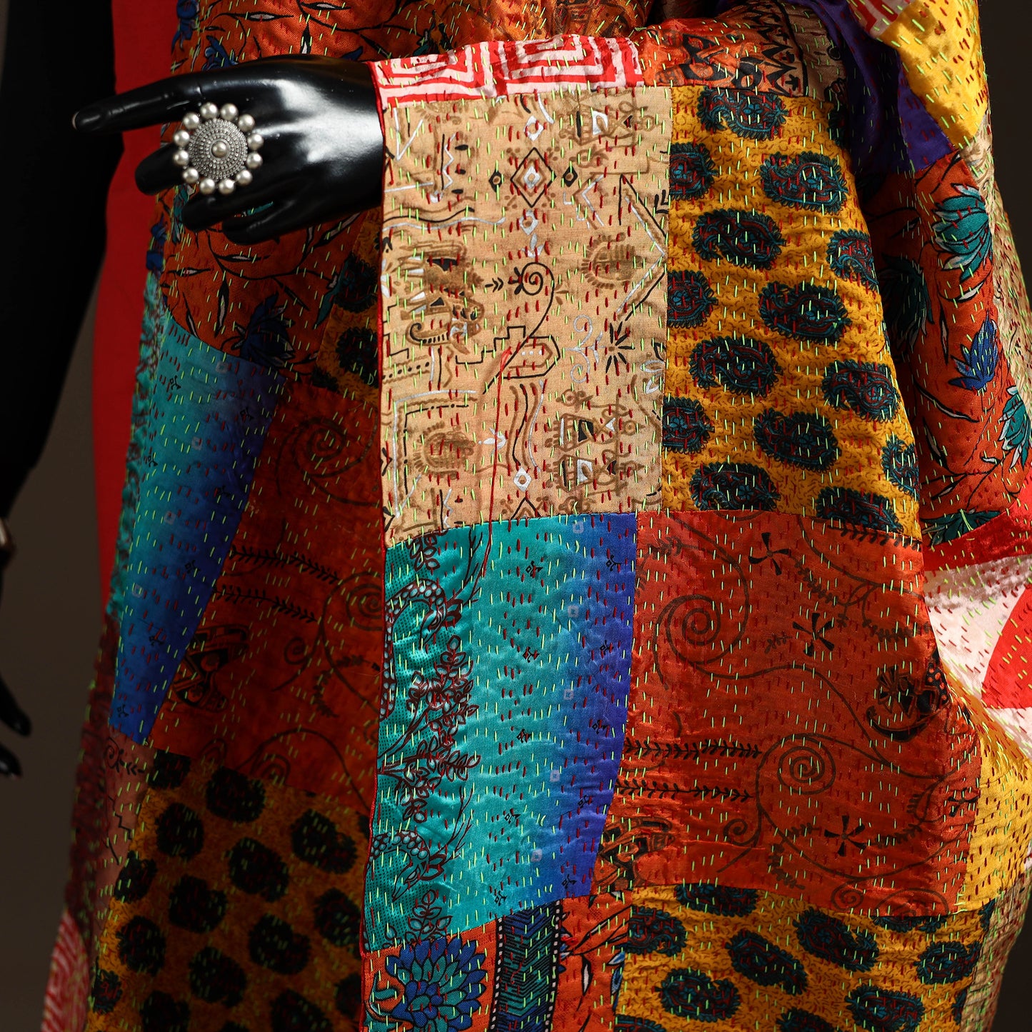 Multicolor - Bengal Hand Embroidery Patchwork Reversible Silk Kantha Dupatta 42